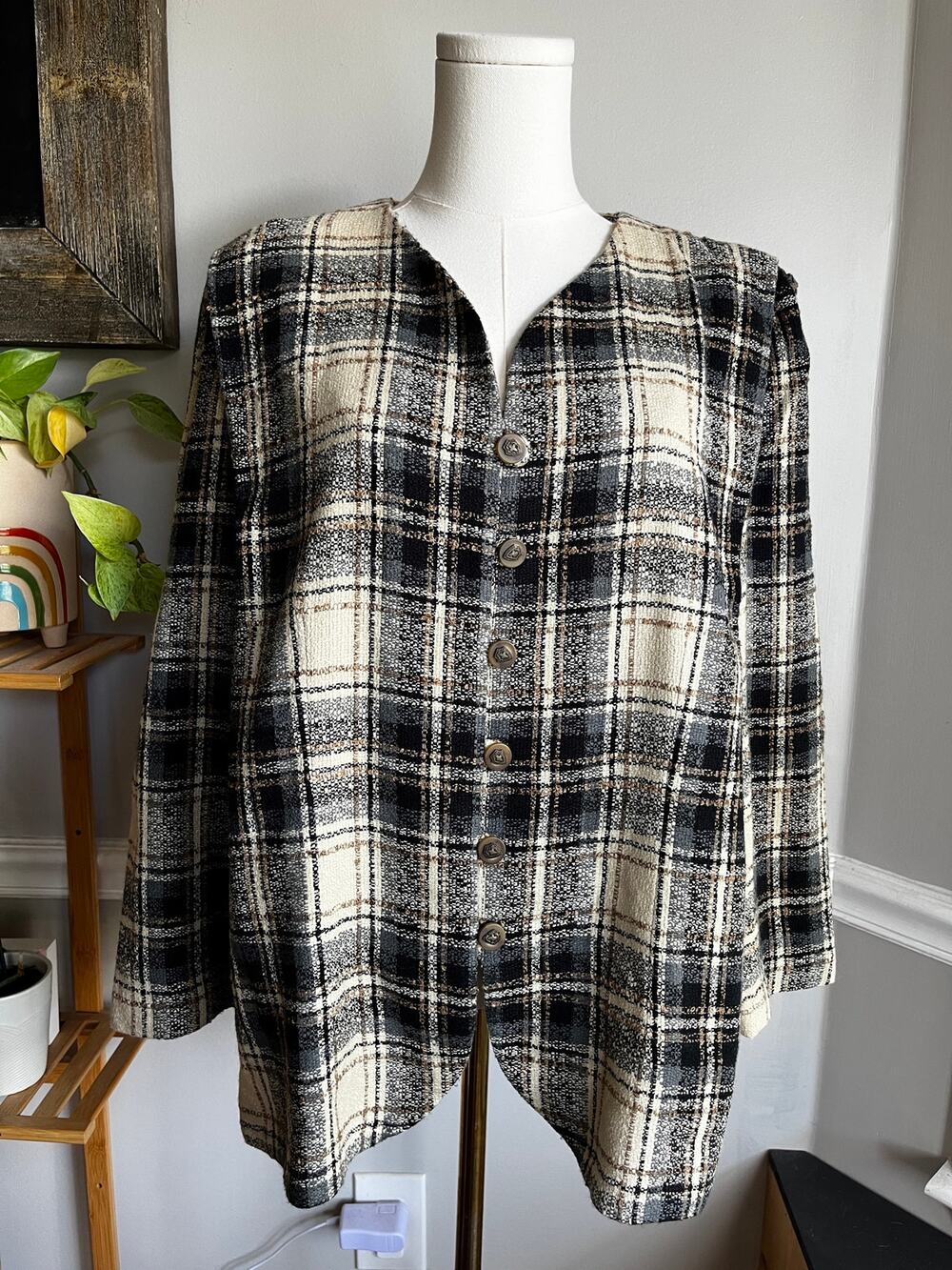 Vintage 90s Plaid Knit Jacket Cream Blue Tweed Size XL